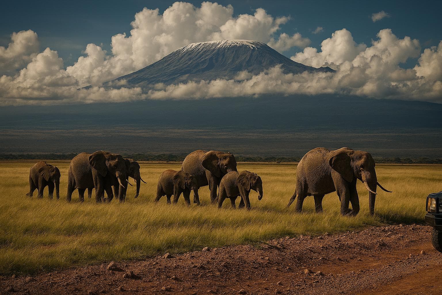 Elephants crossing open plains beneath Mount Kilimanjaro